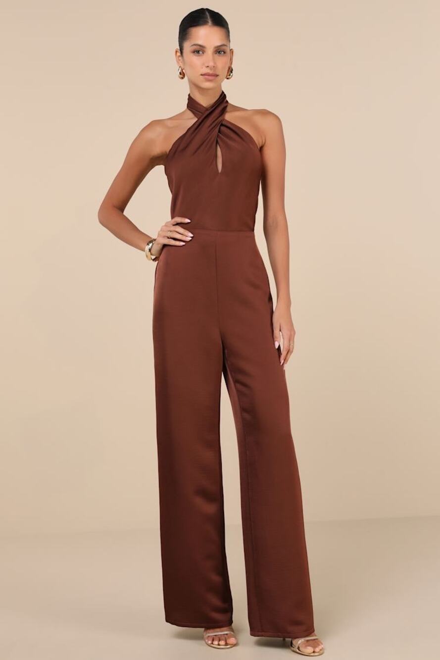 NWT Lulus Beyond Classy Brown Satin Halter Wide-Leg Jumpsuit Party Backless Sz L